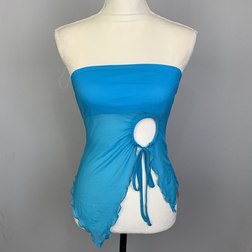 NWT Sheer Mesh Teal Blue Asymmetrical Hem Tube Top Strapless Sexy Y2K Sz Small
